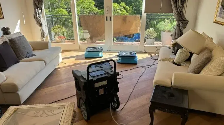 Drying equipment set up in an Albany, California room with open walls and a dehumidifier