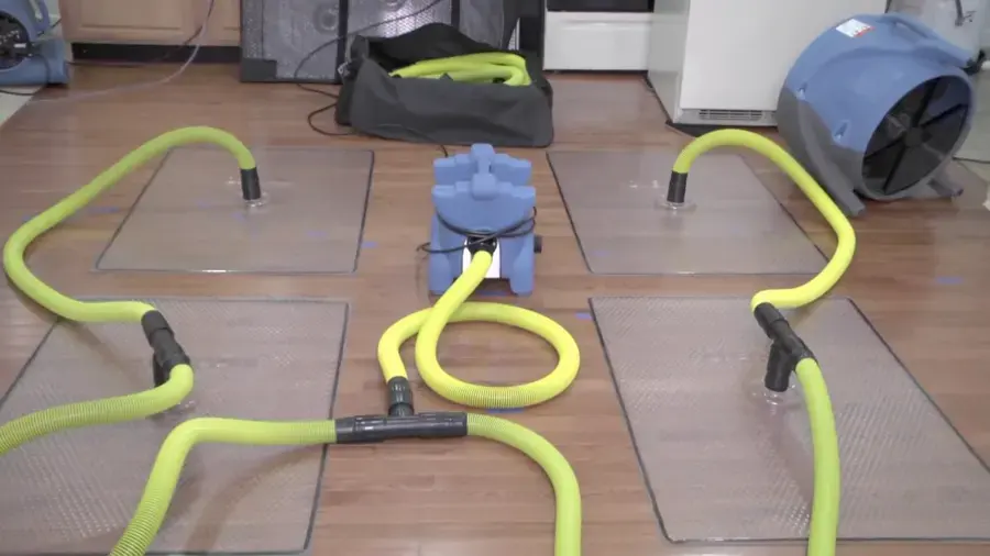 Hardwood drying mats with yellow hoses and an air mover set up on a wood floor