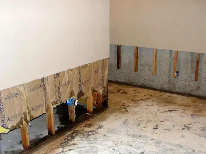 Flood cut exposing wet insulation and studs along the bottom of a wall