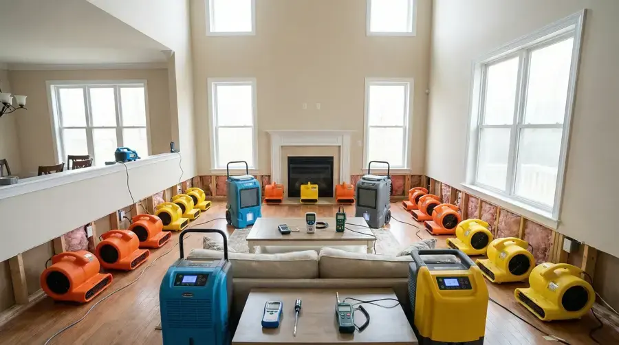 Air movers and a dehumidifier set up to dry a room in an El Cerrito home