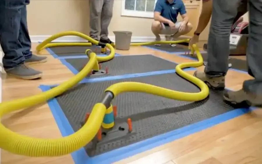 Hardwood drying mats with yellow vacuum hoses taped down on a wood floor