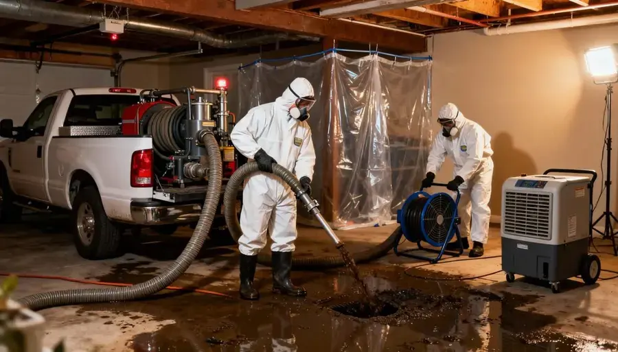 Technicians in protective suits extracting sewage water inside a contained work area